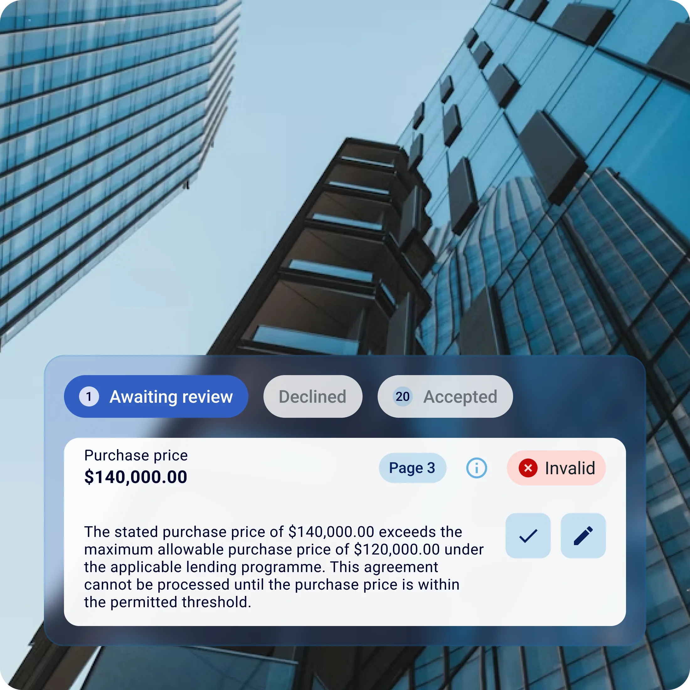 AI agent for SME and corporate lending — UI preview showing land registry validation.